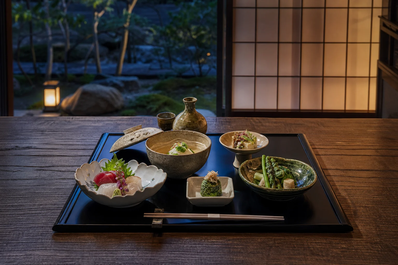Field record of a meal arranged on a black lacquer tray